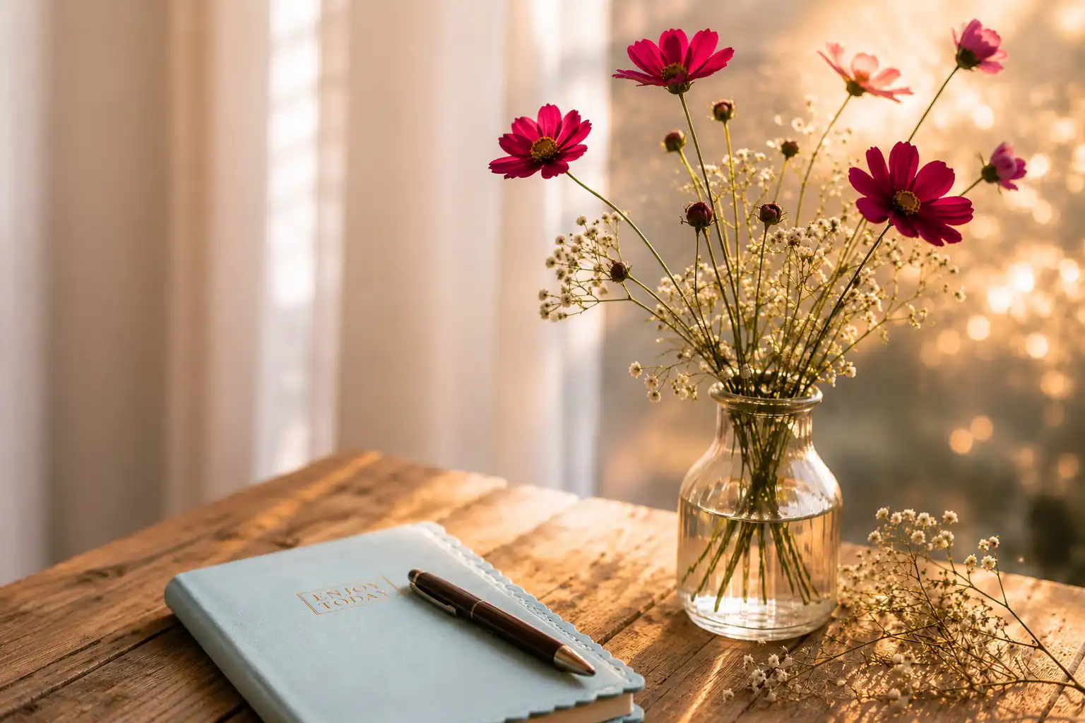 Carnets et fleurs roses sur table en bois, lumière douce