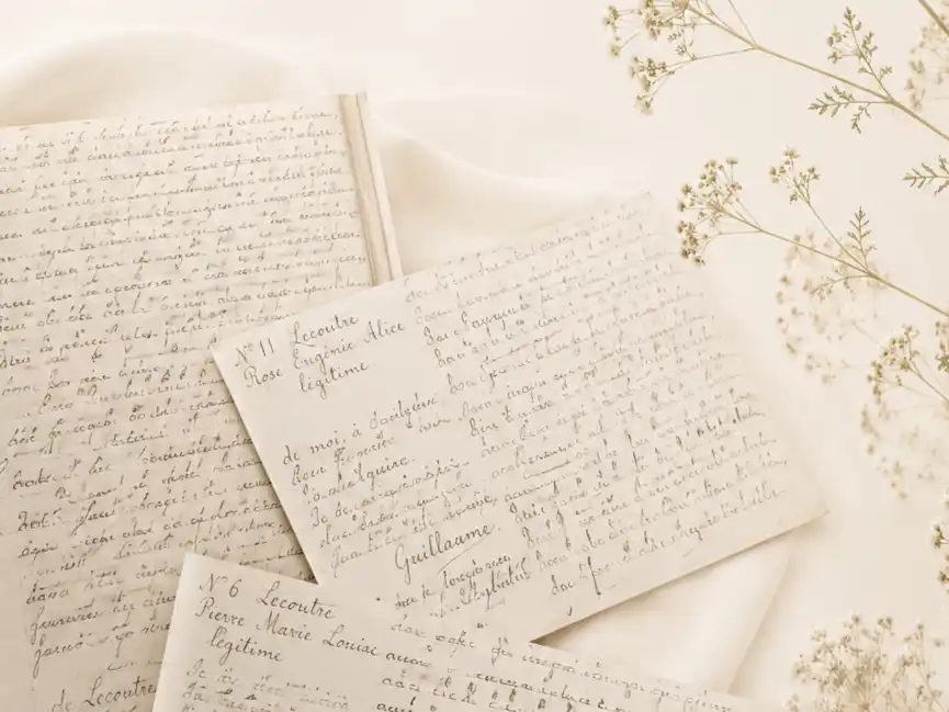 Cartes postales anciennes écrites à la main, style vintage, avec des fleurs séchées